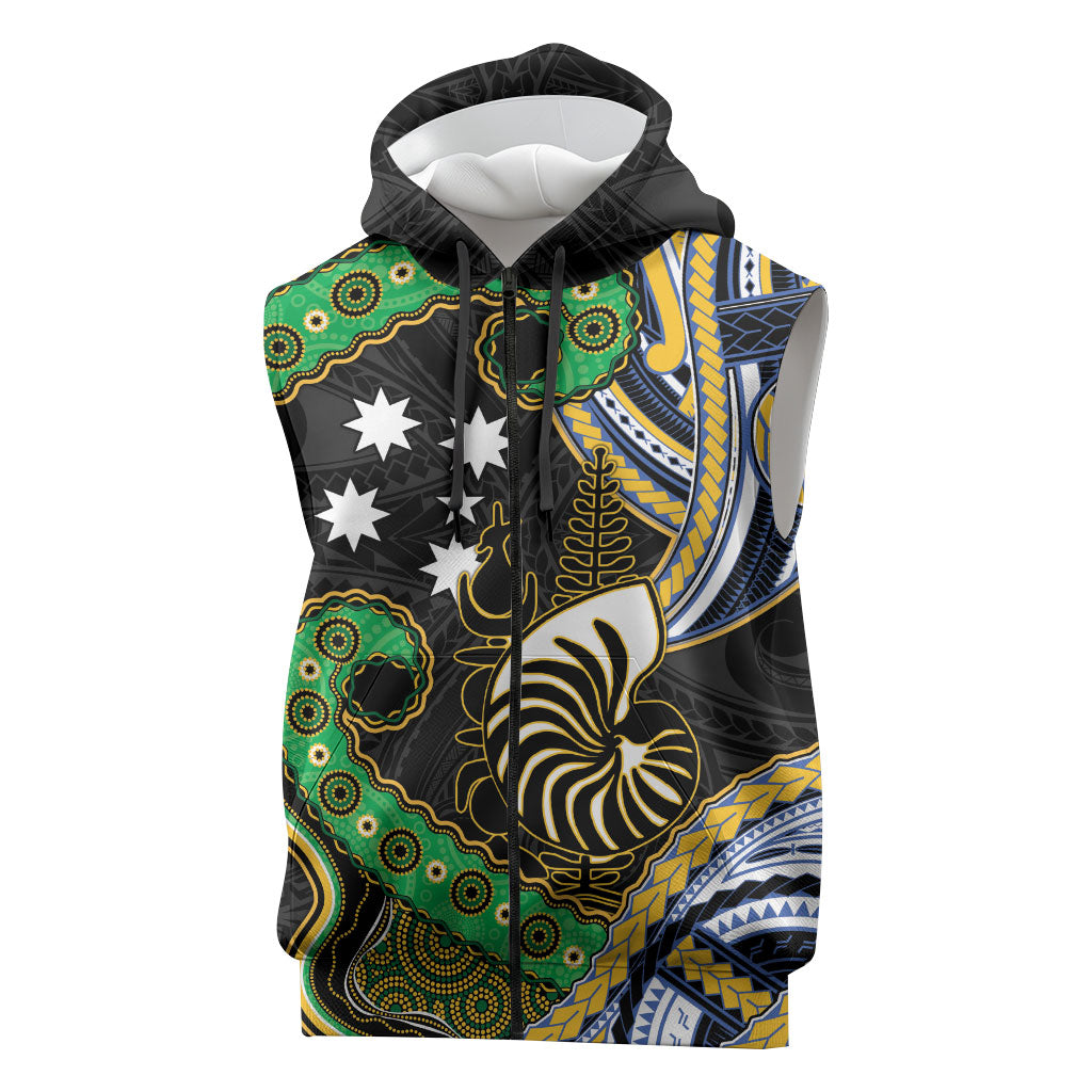 South Sea Islanders And New Caledonia Sleeveless Zip Hoodie Nautilus Shell Southern Cross Tribal Pattern DT05 Black - Polynesian Pride
