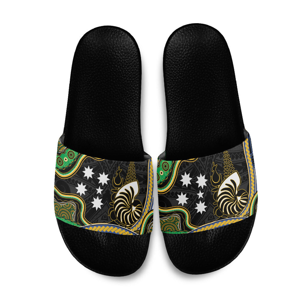 South Sea Islanders And New Caledonia Slide Sandals Nautilus Shell Southern Cross Tribal Pattern DT05 Black - Polynesian Pride