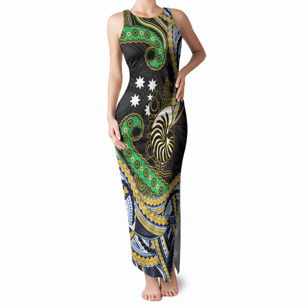 South Sea Islanders And New Caledonia Tank Maxi Dress Nautilus Shell Southern Cross Tribal Pattern DT05 Women Black - Polynesian Pride
