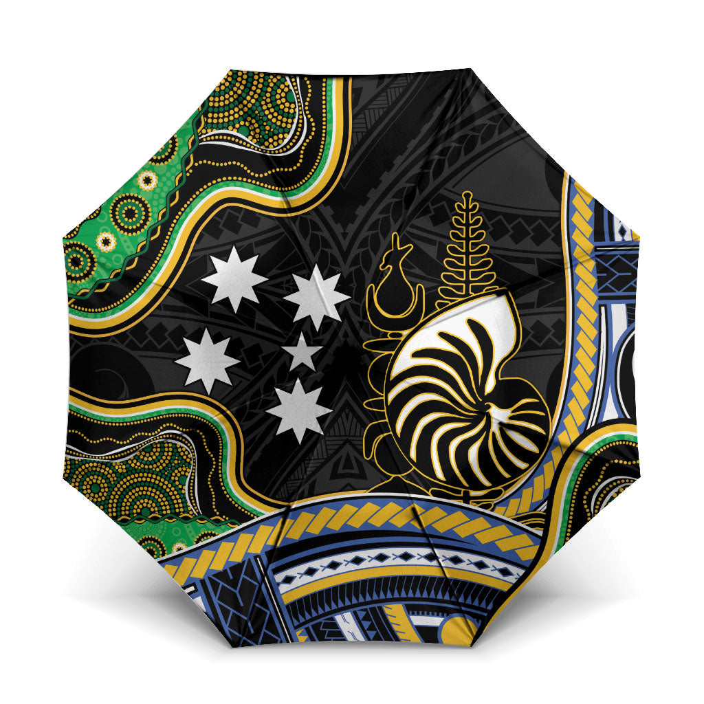 South Sea Islanders And New Caledonia Umbrella Nautilus Shell Southern Cross Tribal Pattern DT05 One Size Folded 11.42 inch Opened Diameter 37.4 inch Black - Polynesian Pride