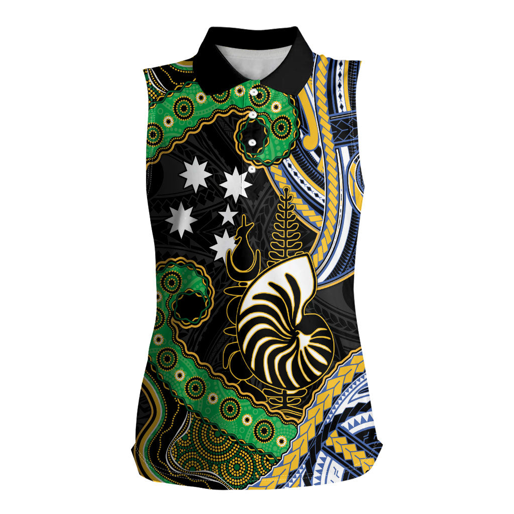 South Sea Islanders And New Caledonia Women Sleeveless Polo Shirt Nautilus Shell Southern Cross Tribal Pattern DT05 Female Black - Polynesian Pride