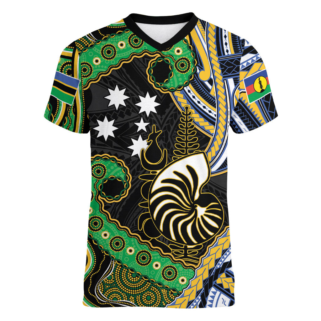 South Sea Islanders And New Caledonia Women V-Neck T-Shirt Nautilus Shell Southern Cross Tribal Pattern DT05 Female Black - Polynesian Pride