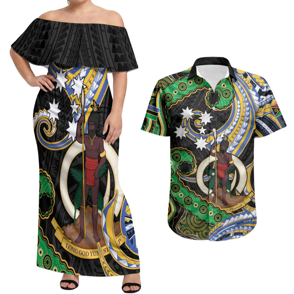 South Sea Islanders And Vanuatu Couples Matching Off Shoulder Maxi Dress and Hawaiian Shirt Boar Tusk Warrior Southern Tribal Pattern DT05 Black - Polynesian Pride