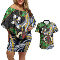 South Sea Islanders And Vanuatu Couples Matching Off Shoulder Short Dress and Hawaiian Shirt Boar Tusk Warrior Southern Tribal Pattern DT05 Black - Polynesian Pride