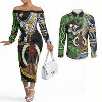South Sea Islanders And Vanuatu Couples Matching Off The Shoulder Long Sleeve Dress and Long Sleeve Button Shirt Boar Tusk Warrior Southern Tribal Pattern DT05 Black - Polynesian Pride