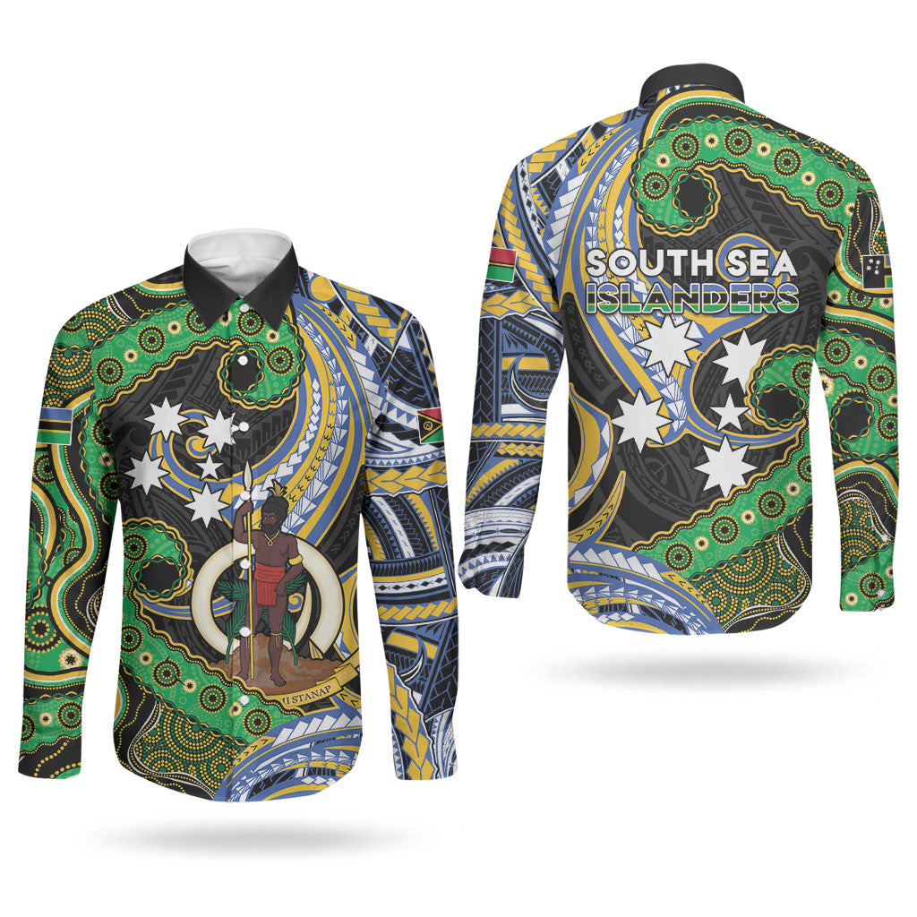 South Sea Islanders And Vanuatu Couples Matching Off The Shoulder Long Sleeve Dress and Long Sleeve Button Shirt Boar Tusk Warrior Southern Tribal Pattern DT05 - Polynesian Pride