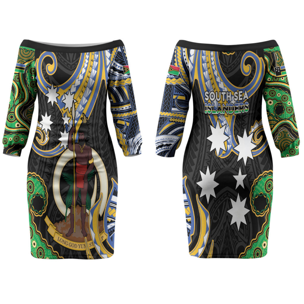 South Sea Islanders And Vanuatu Couples Matching Off The Shoulder Long Sleeve Dress and Long Sleeve Button Shirt Boar Tusk Warrior Southern Tribal Pattern DT05 - Polynesian Pride