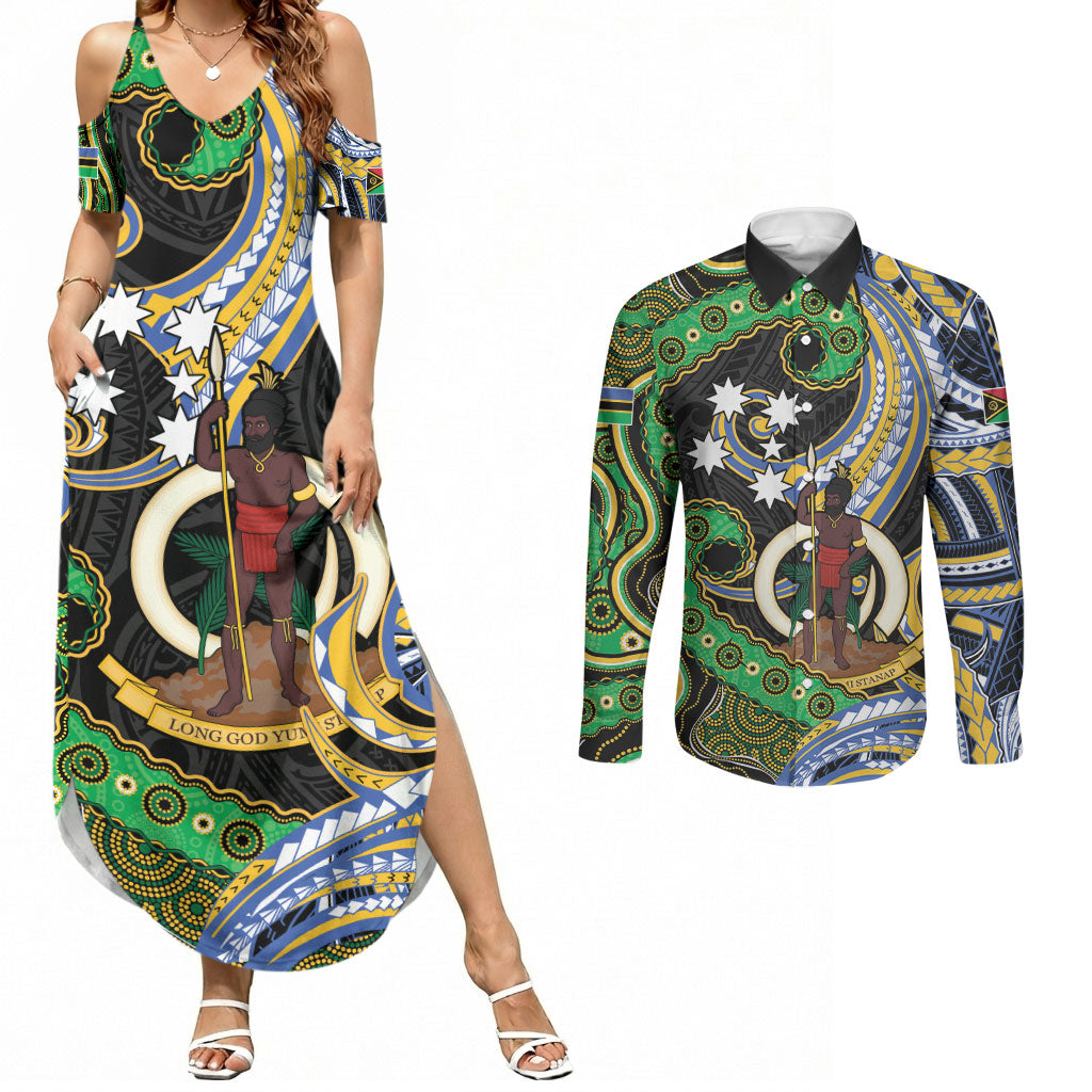 South Sea Islanders And Vanuatu Couples Matching Summer Maxi Dress and Long Sleeve Button Shirt Boar Tusk Warrior Southern Tribal Pattern DT05 Black - Polynesian Pride