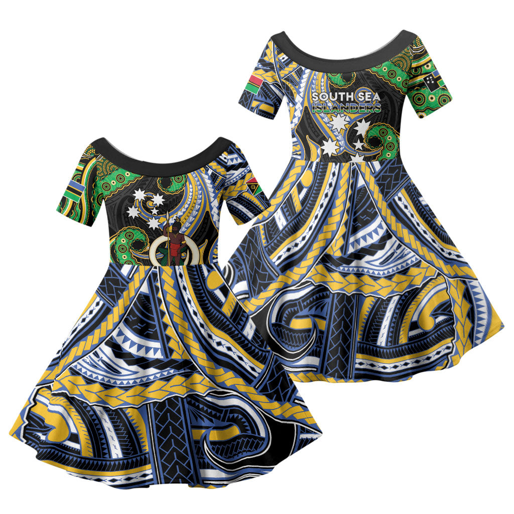 South Sea Islanders And Vanuatu Family Matching Short Sleeve Bodycon Dress and Hawaiian Shirt Boar Tusk Warrior Southern Tribal Pattern DT05 Daughter's Dress Black - Polynesian Pride