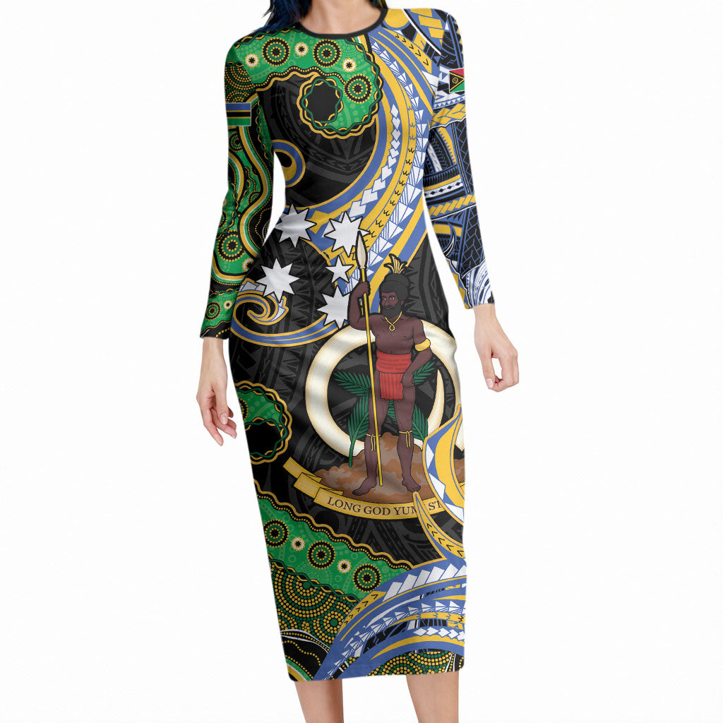South Sea Islanders And Vanuatu Long Sleeve Bodycon Dress Boar Tusk Warrior Southern Tribal Pattern DT05 Long Dress Black - Polynesian Pride