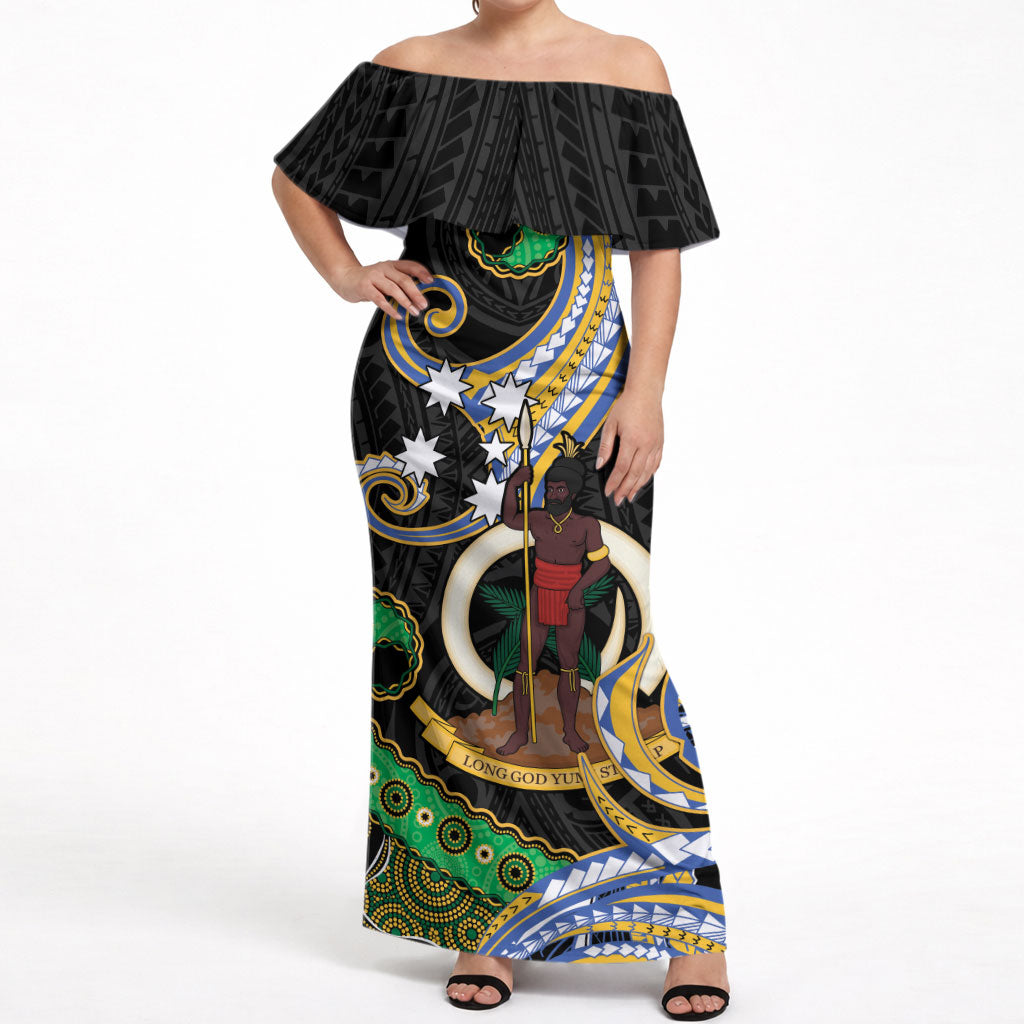 South Sea Islanders And Vanuatu Off Shoulder Maxi Dress Boar Tusk Warrior Southern Tribal Pattern DT05 Women Black - Polynesian Pride