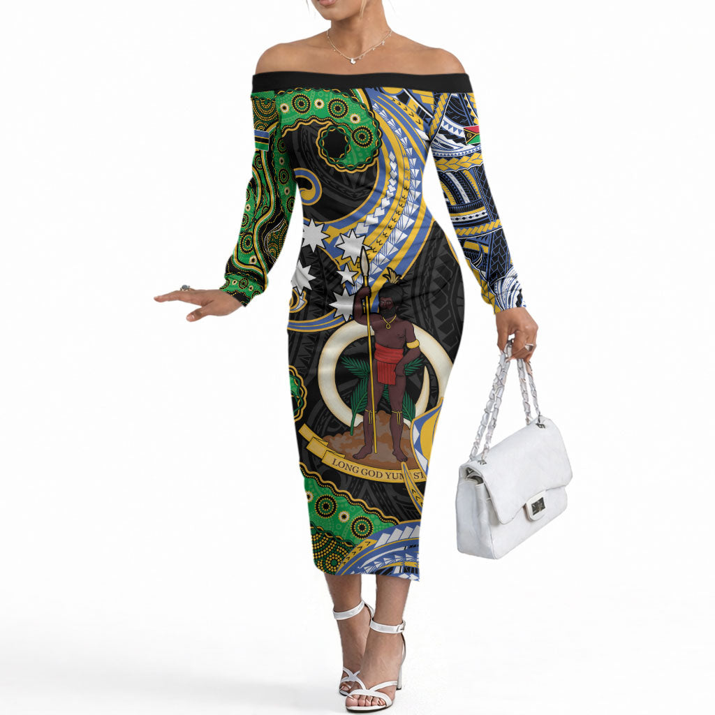 South Sea Islanders And Vanuatu Off The Shoulder Long Sleeve Dress Boar Tusk Warrior Southern Tribal Pattern DT05 Women Black - Polynesian Pride