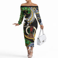 South Sea Islanders And Vanuatu Off The Shoulder Long Sleeve Dress Boar Tusk Warrior Southern Tribal Pattern DT05 Women Black - Polynesian Pride