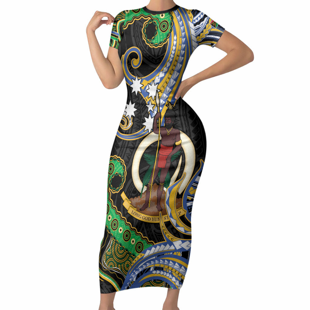 South Sea Islanders And Vanuatu Short Sleeve Bodycon Dress Boar Tusk Warrior Southern Tribal Pattern DT05 Long Dress Black - Polynesian Pride