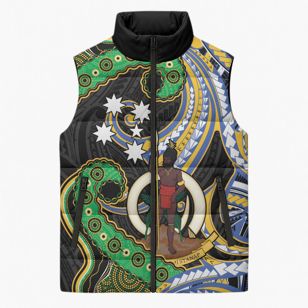 South Sea Islanders And Vanuatu Sleeveless Puffer Jacket Boar Tusk Warrior Southern Tribal Pattern DT05 Unisex Black - Polynesian Pride