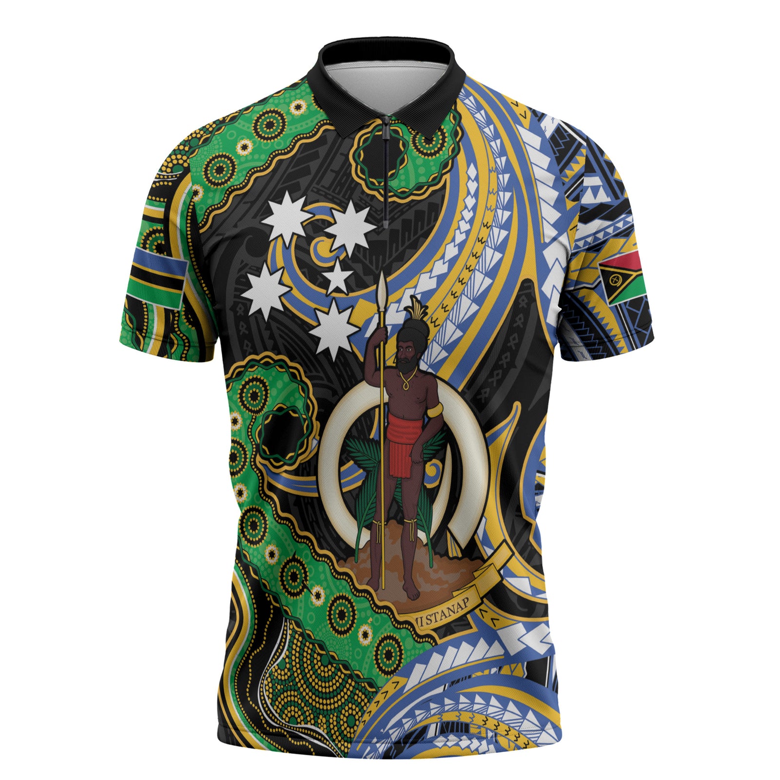 South Sea Islanders And Vanuatu Zipper Polo Shirt Boar Tusk Warrior Southern Tribal Pattern DT05 Black - Polynesian Pride