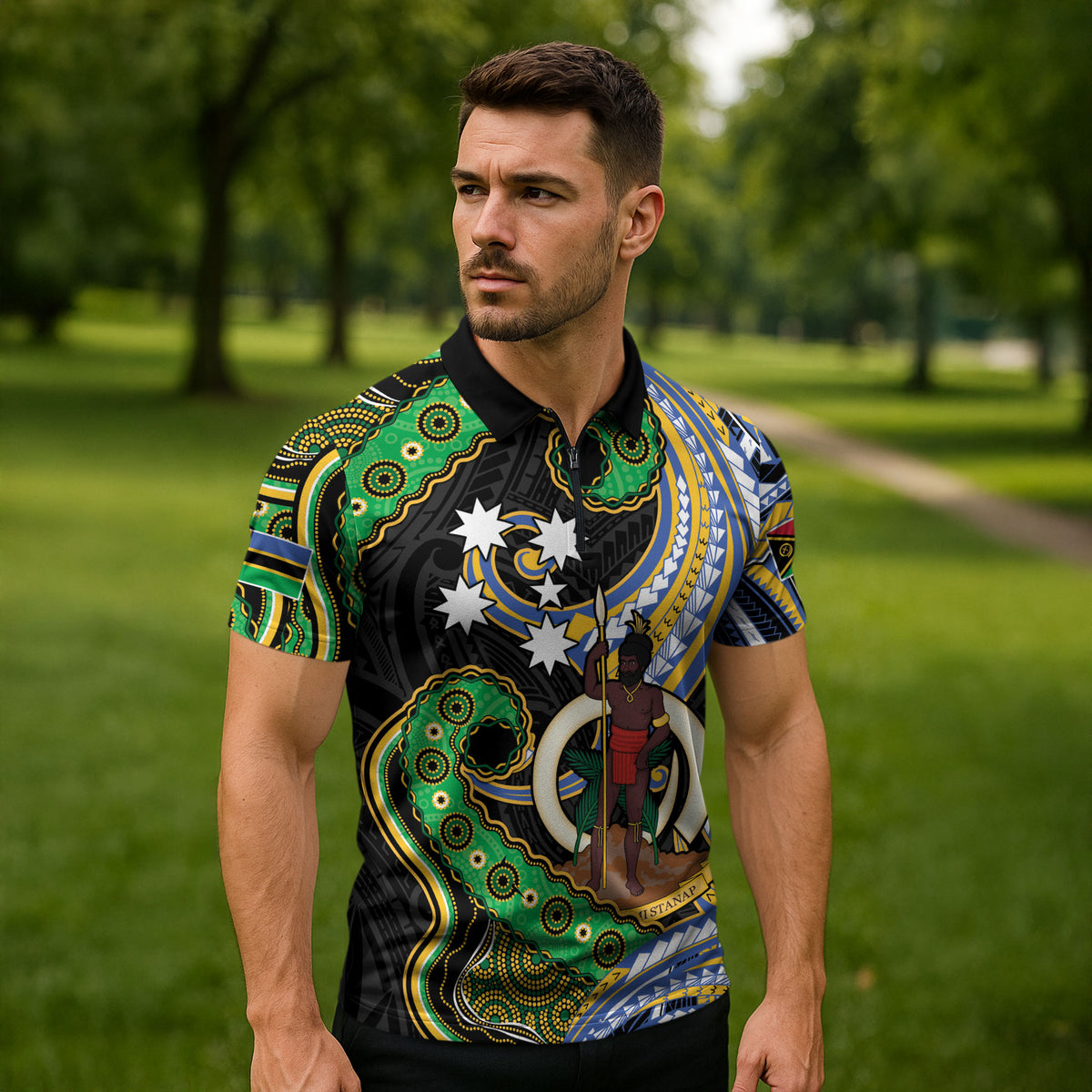 South Sea Islanders And Vanuatu Zipper Polo Shirt Boar Tusk Warrior Southern Tribal Pattern DT05 - Polynesian Pride
