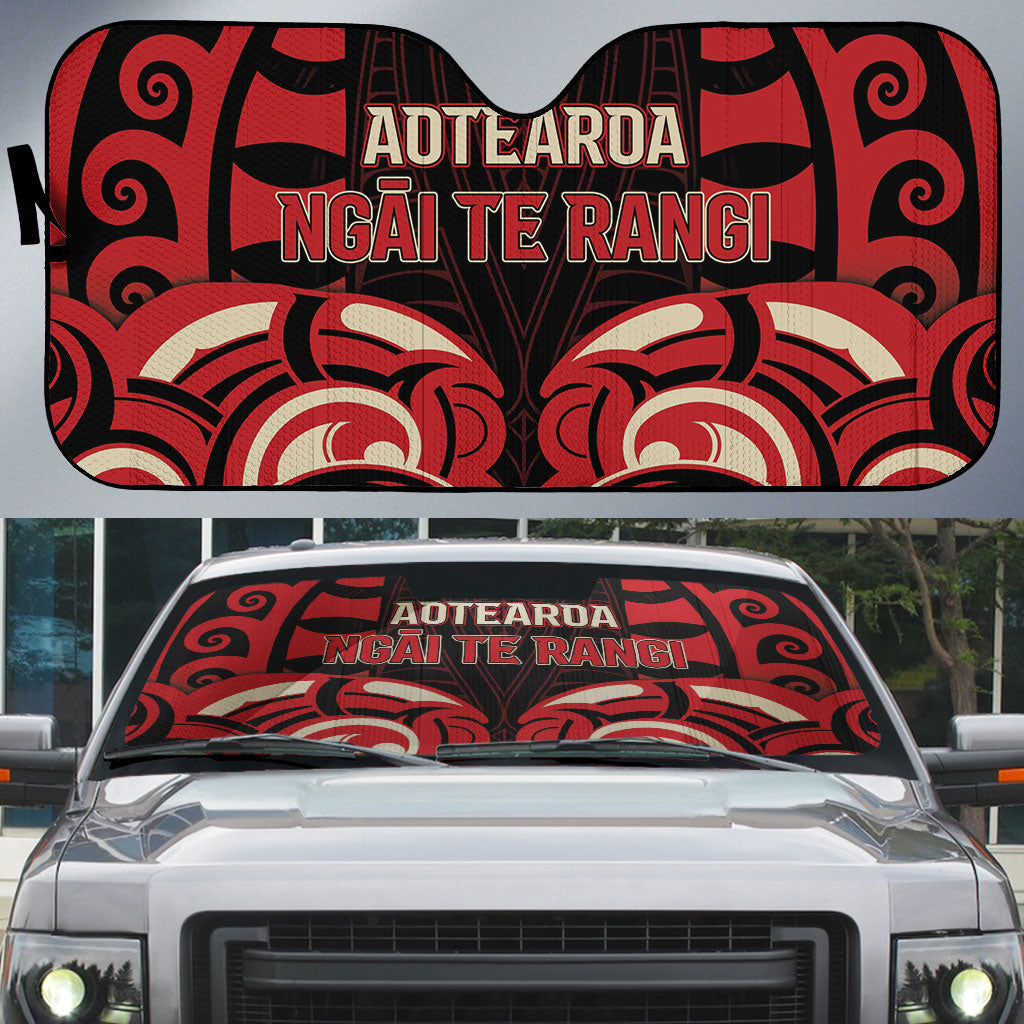 Aotearoa Ngai Te Rangi Auto Sun Shade New Zealand Traditional Maori Pattern DT05 Red - Polynesian Pride
