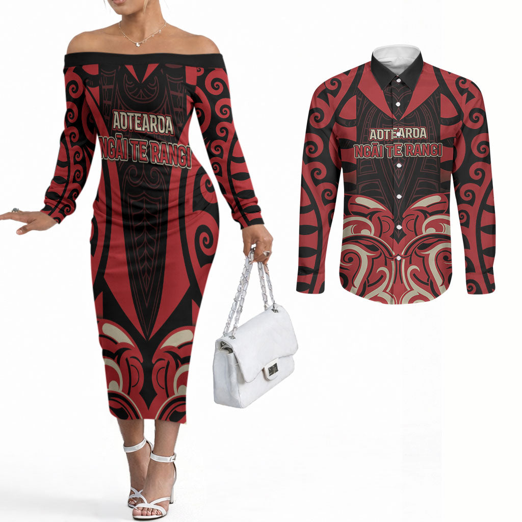 Custom Aotearoa Ngai Te Rangi Couples Matching Off The Shoulder Long Sleeve Dress and Long Sleeve Button Shirt New Zealand Traditional Maori Pattern DT05 Red - Polynesian Pride