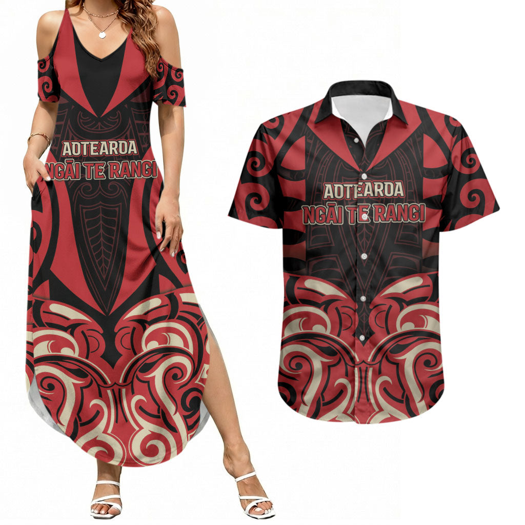 Custom Aotearoa Ngai Te Rangi Couples Matching Summer Maxi Dress and Hawaiian Shirt New Zealand Traditional Maori Pattern DT05 Red - Polynesian Pride