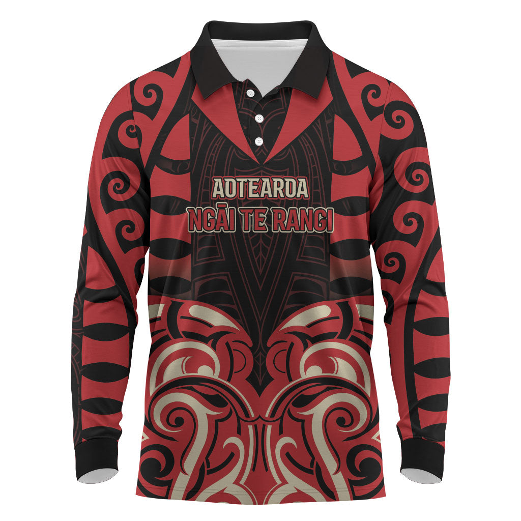 Custom Aotearoa Ngai Te Rangi Long Sleeve Polo Shirt New Zealand Traditional Maori Pattern DT05 Red - Polynesian Pride