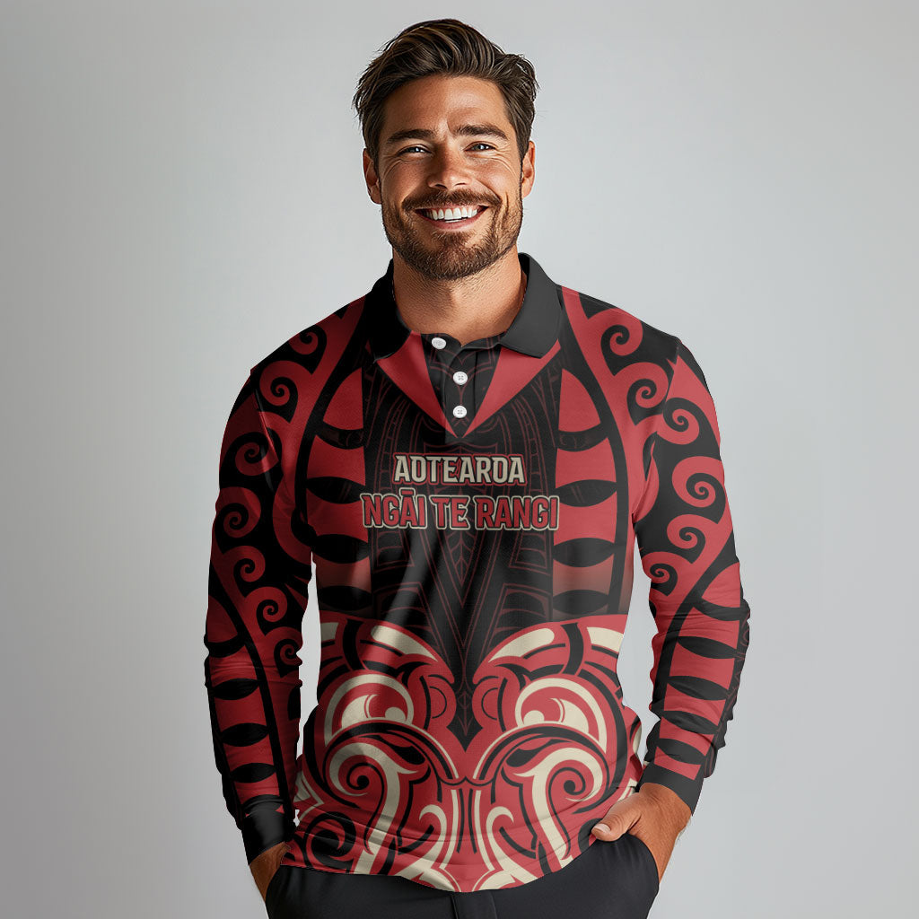 Custom Aotearoa Ngai Te Rangi Long Sleeve Polo Shirt New Zealand Traditional Maori Pattern DT05 - Polynesian Pride