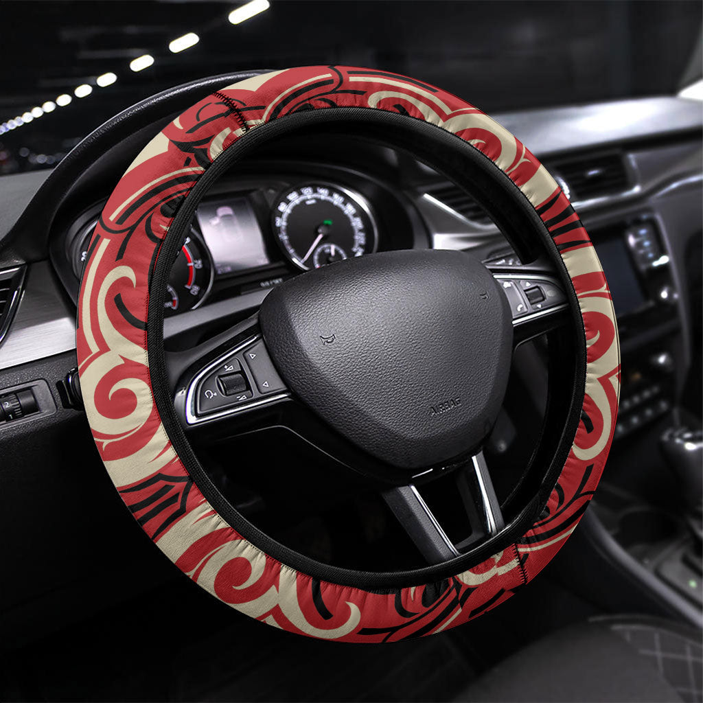 Aotearoa Ngai Te Rangi Steering Wheel Cover New Zealand Traditional Maori Pattern DT05 Universal Fit Red - Polynesian Pride