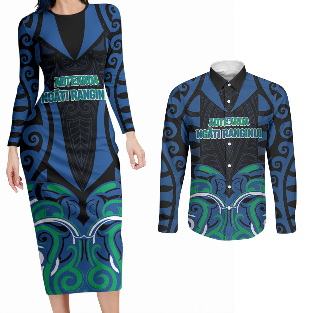 Custom Aotearoa Ngati Ranginui Couples Matching Long Sleeve Bodycon Dress and Long Sleeve Button Shirt New Zealand Traditional Maori Pattern DT05 Navy - Polynesian Pride