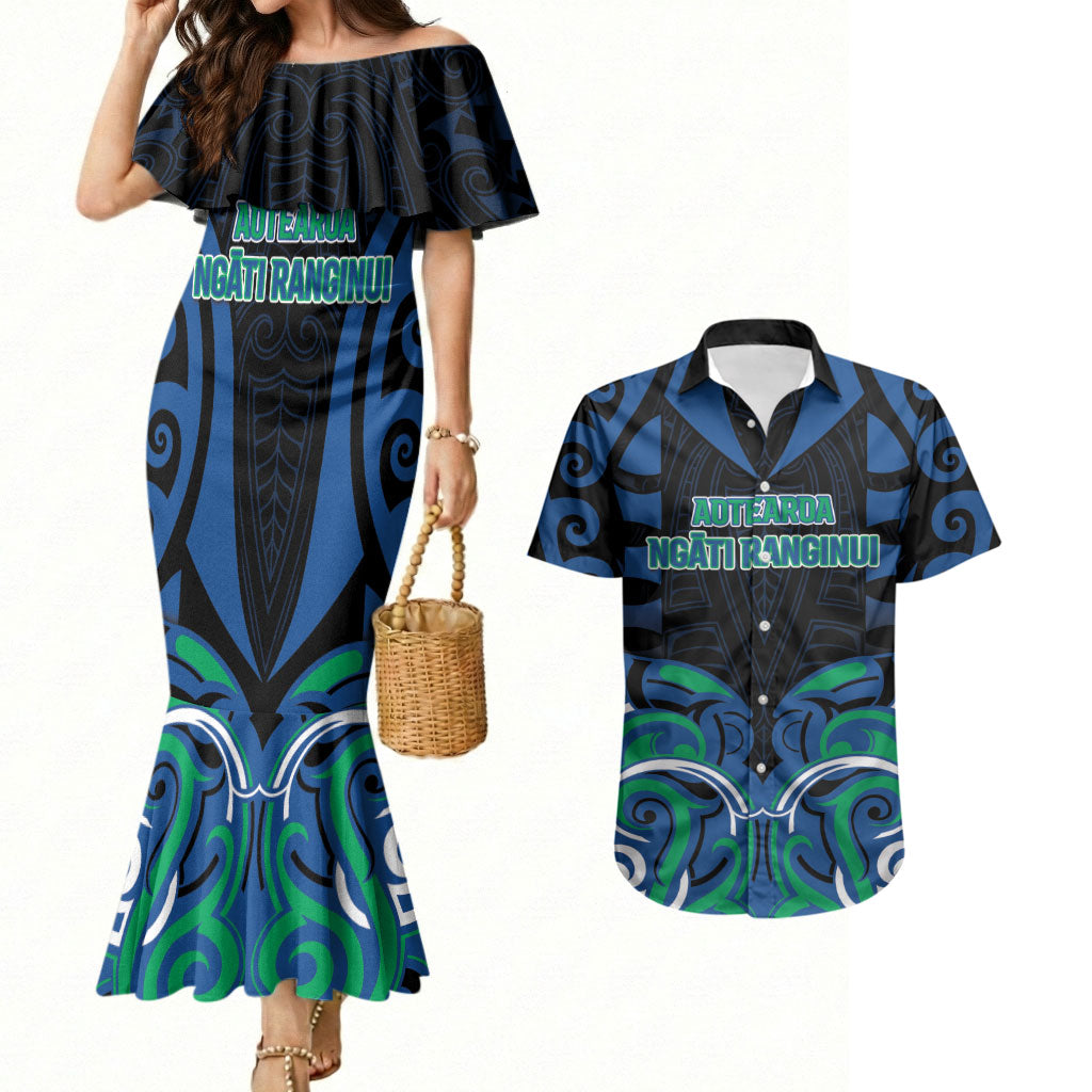 Custom Aotearoa Ngati Ranginui Couples Matching Mermaid Dress and Hawaiian Shirt New Zealand Traditional Maori Pattern DT05 Navy - Polynesian Pride