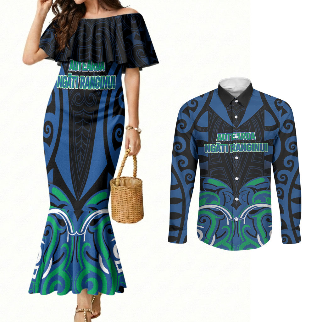 Custom Aotearoa Ngati Ranginui Couples Matching Mermaid Dress and Long Sleeve Button Shirt New Zealand Traditional Maori Pattern DT05 Navy - Polynesian Pride