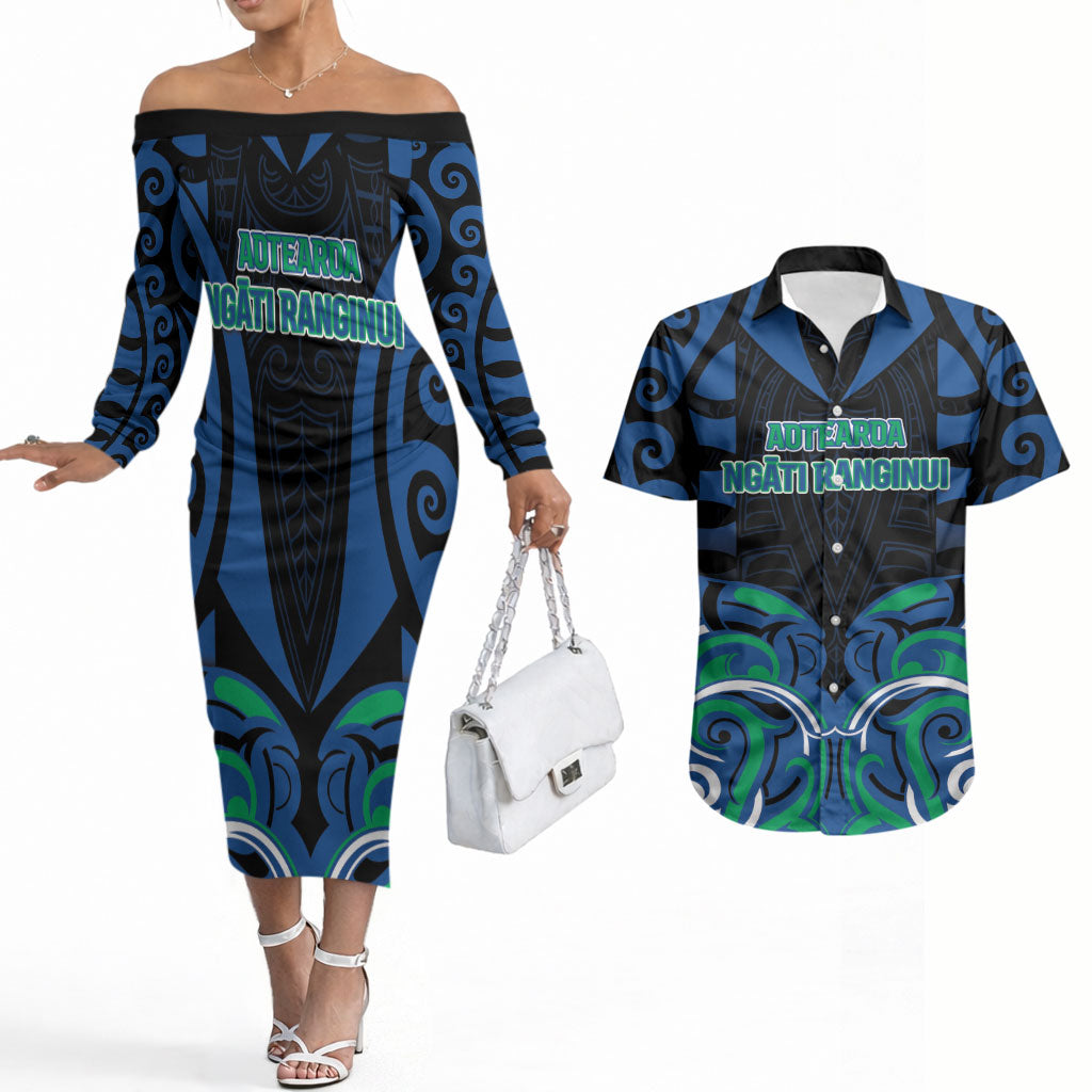 Custom Aotearoa Ngati Ranginui Couples Matching Off The Shoulder Long Sleeve Dress and Hawaiian Shirt New Zealand Traditional Maori Pattern DT05 Navy - Polynesian Pride