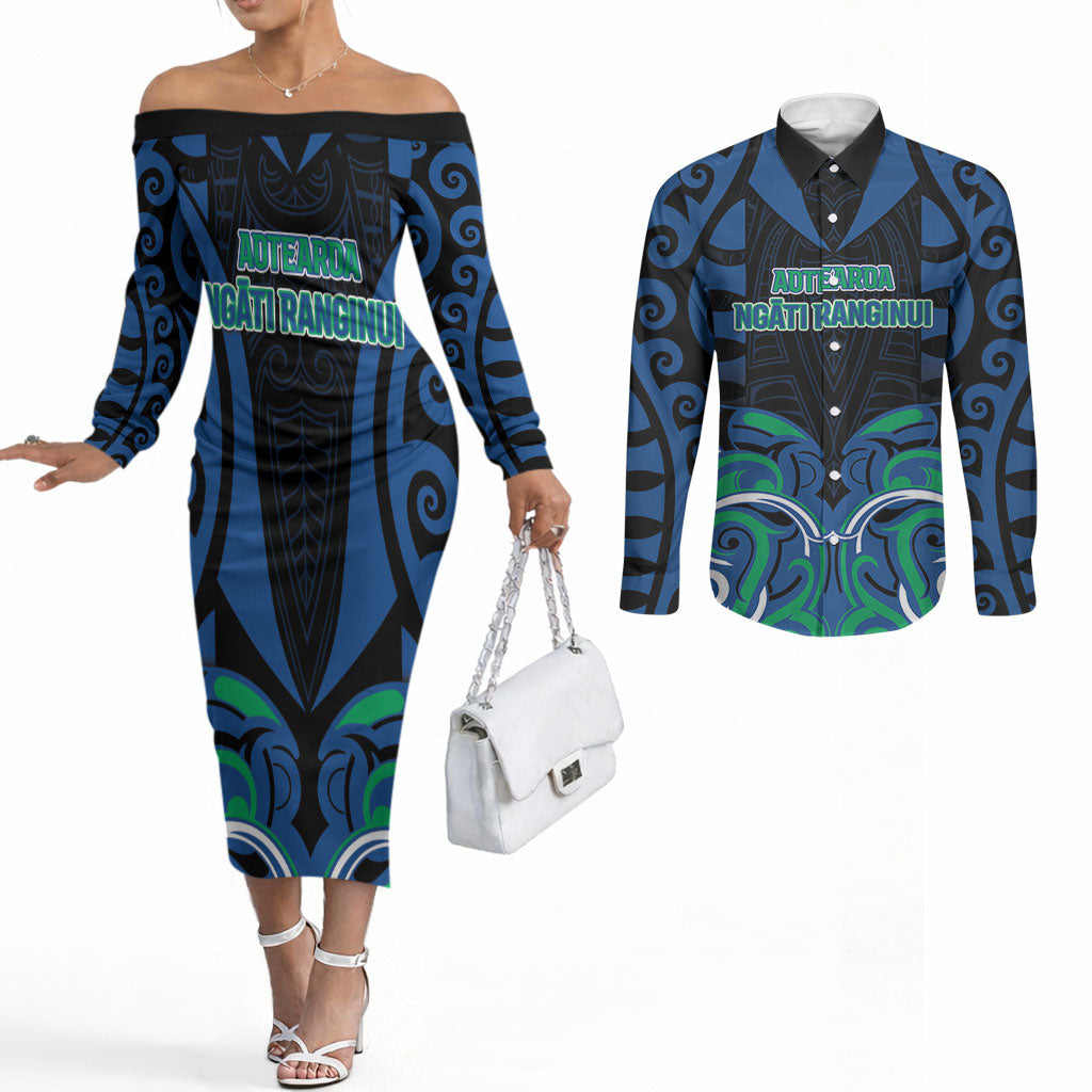 Custom Aotearoa Ngati Ranginui Couples Matching Off The Shoulder Long Sleeve Dress and Long Sleeve Button Shirt New Zealand Traditional Maori Pattern DT05 Navy - Polynesian Pride