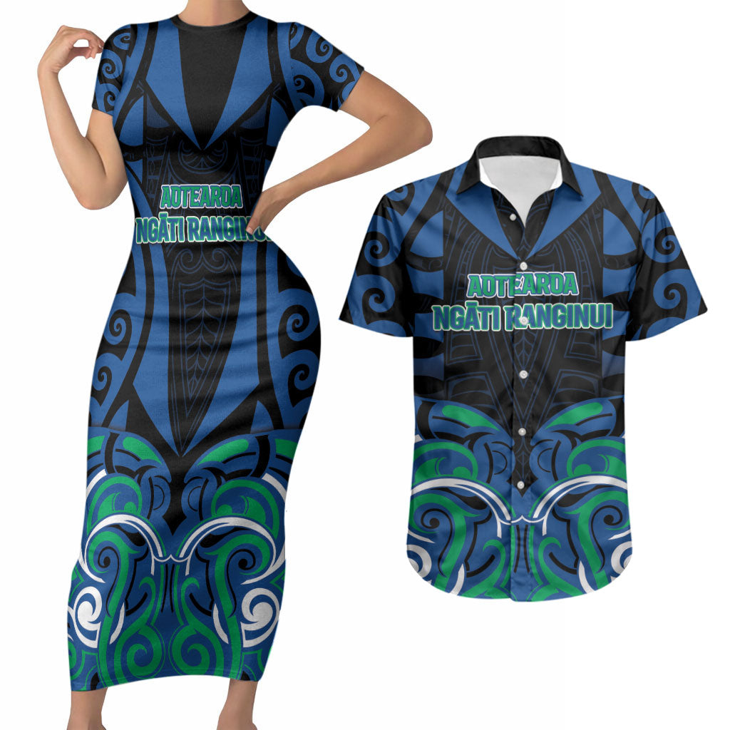 Custom Aotearoa Ngati Ranginui Couples Matching Short Sleeve Bodycon Dress and Hawaiian Shirt New Zealand Traditional Maori Pattern DT05 Navy - Polynesian Pride