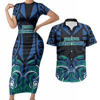 Custom Aotearoa Ngati Ranginui Couples Matching Short Sleeve Bodycon Dress and Hawaiian Shirt New Zealand Traditional Maori Pattern DT05 Navy - Polynesian Pride