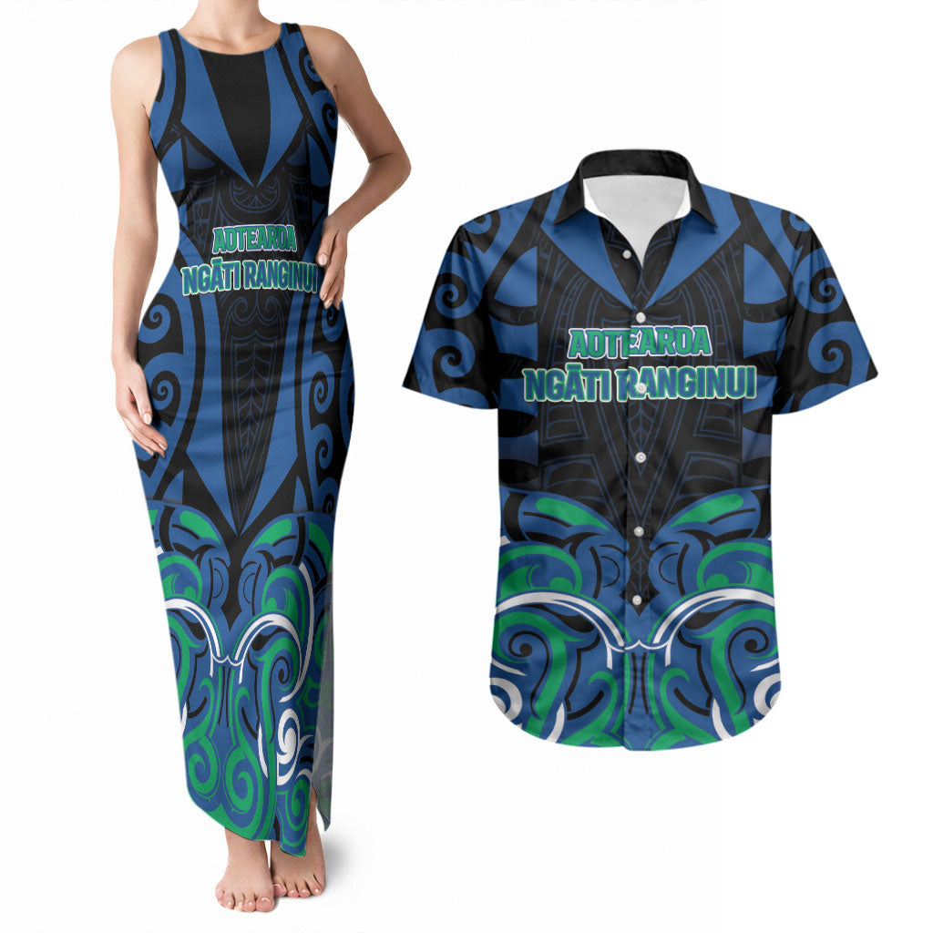 Custom Aotearoa Ngati Ranginui Couples Matching Tank Maxi Dress and Hawaiian Shirt New Zealand Traditional Maori Pattern DT05 Navy - Polynesian Pride