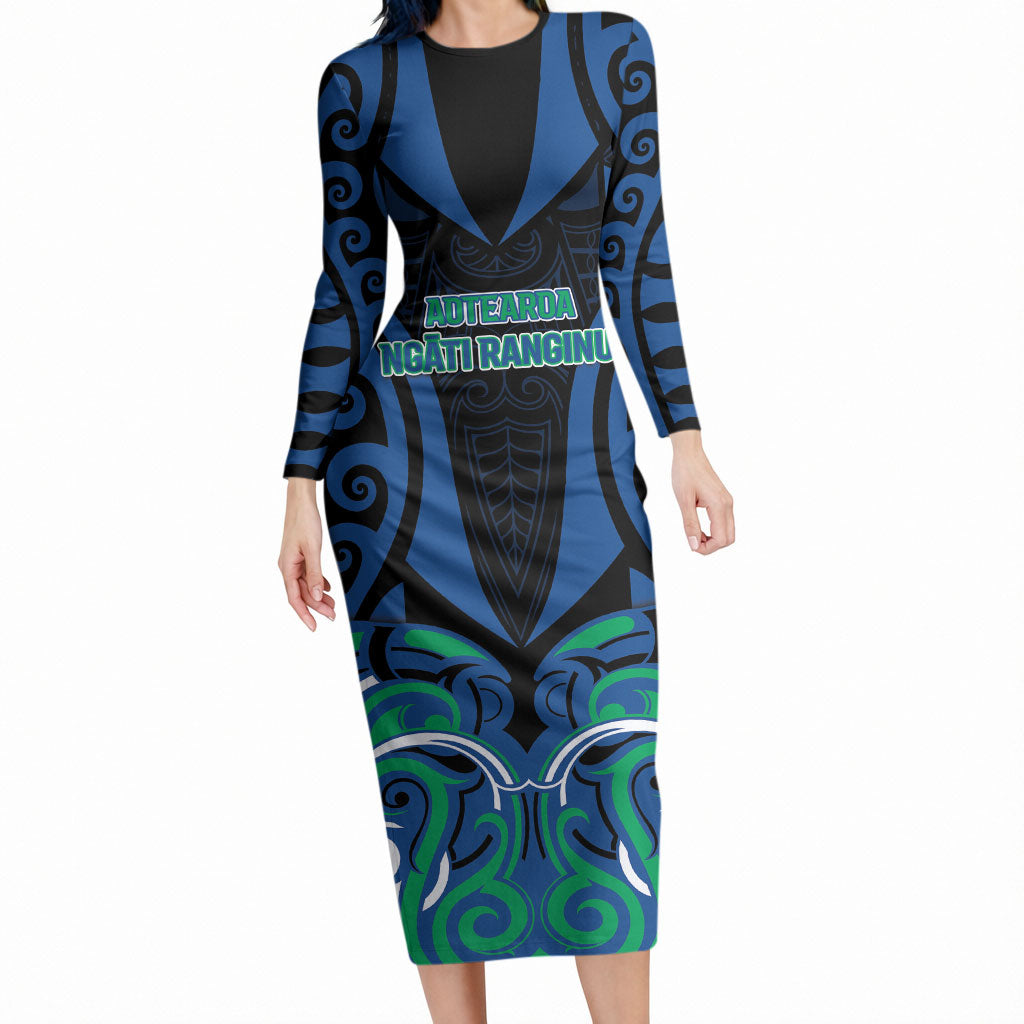 Custom Aotearoa Ngati Ranginui Long Sleeve Bodycon Dress New Zealand Traditional Maori Pattern DT05 Long Dress Navy - Polynesian Pride