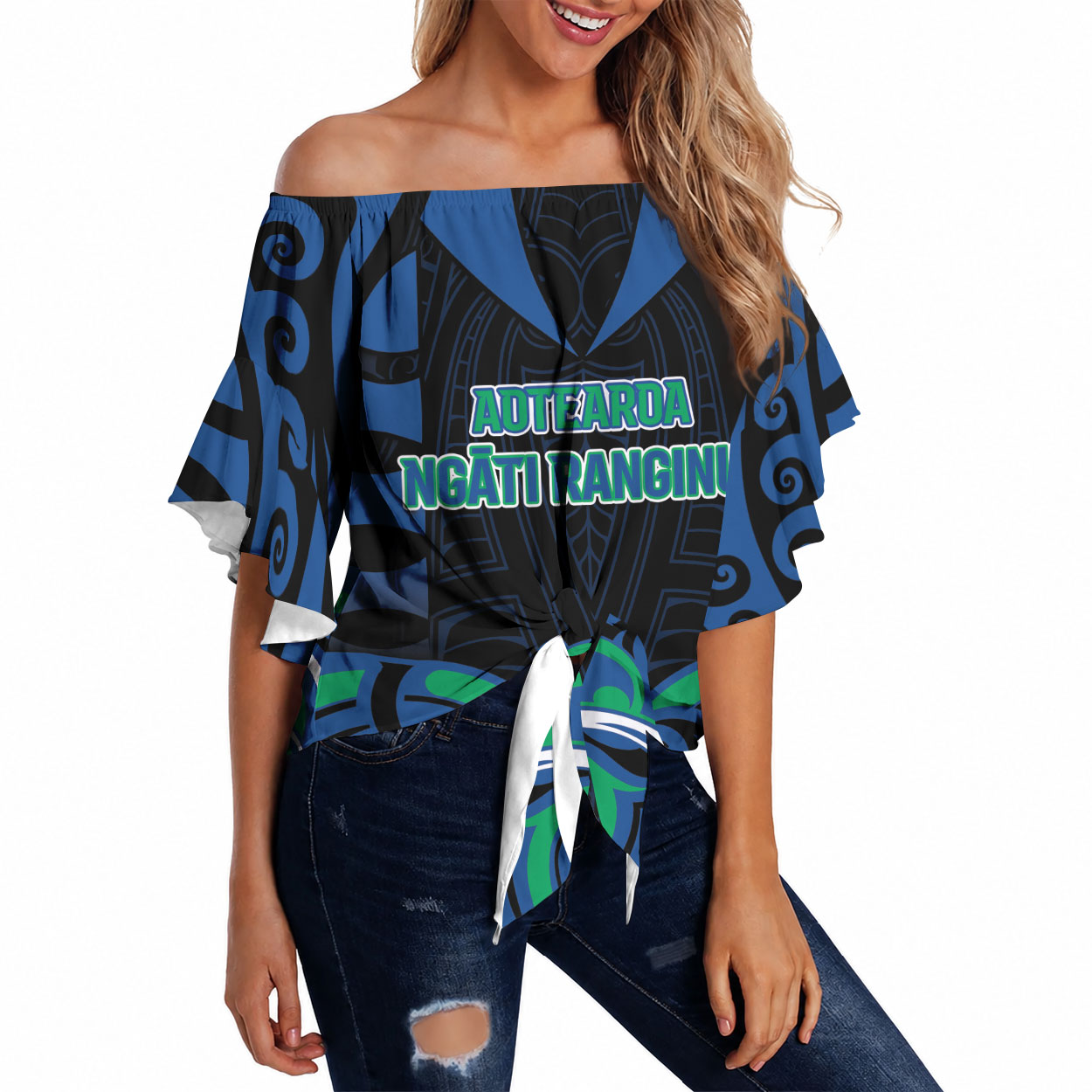 Custom Aotearoa Ngati Ranginui Off Shoulder Wrap Waist Top New Zealand Traditional Maori Pattern DT05 Navy - Polynesian Pride