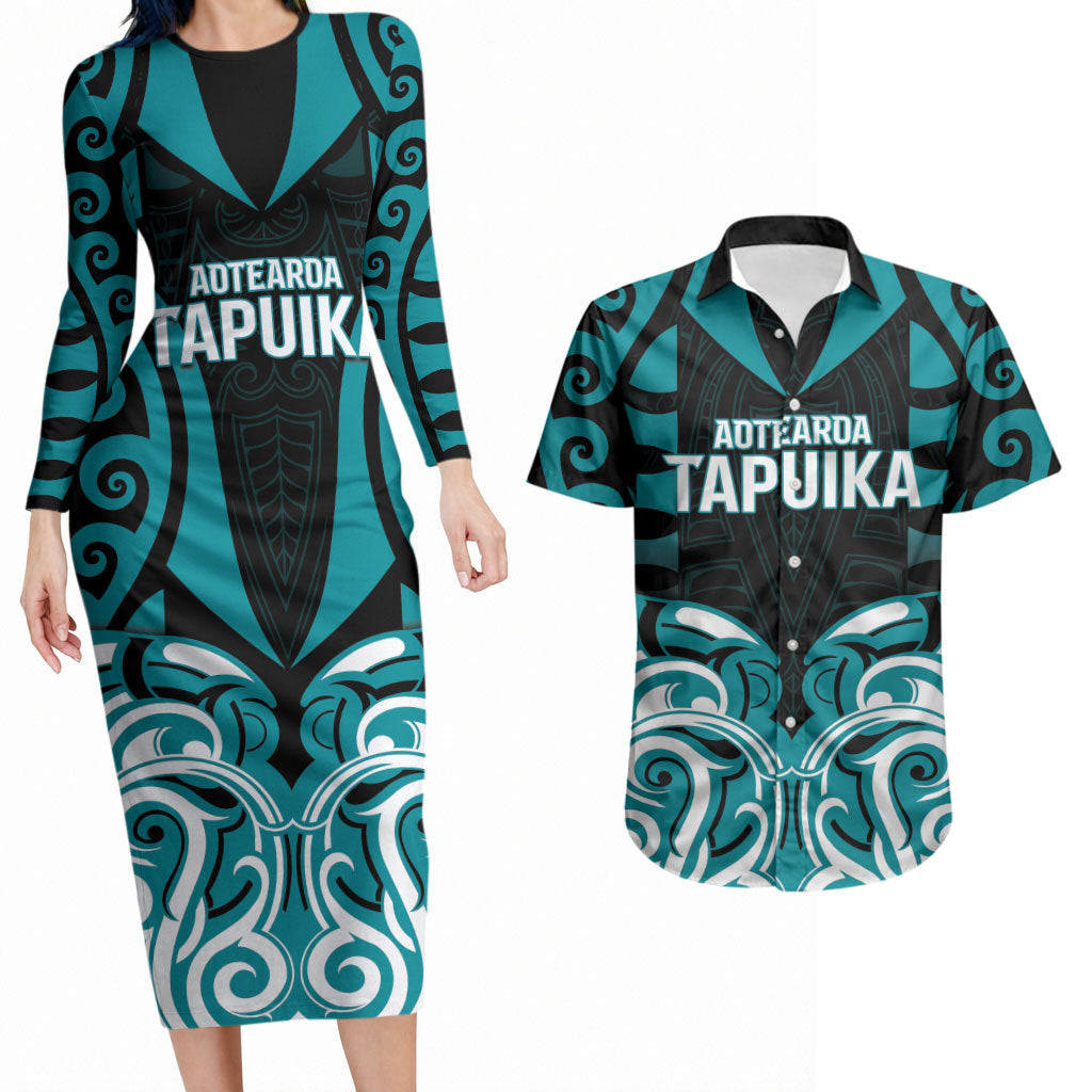 Custom Aotearoa Tapuika Couples Matching Long Sleeve Bodycon Dress and Hawaiian Shirt New Zealand Traditional Maori Pattern DT05 Teal - Polynesian Pride