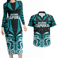 Custom Aotearoa Tapuika Couples Matching Long Sleeve Bodycon Dress and Hawaiian Shirt New Zealand Traditional Maori Pattern DT05 Teal - Polynesian Pride