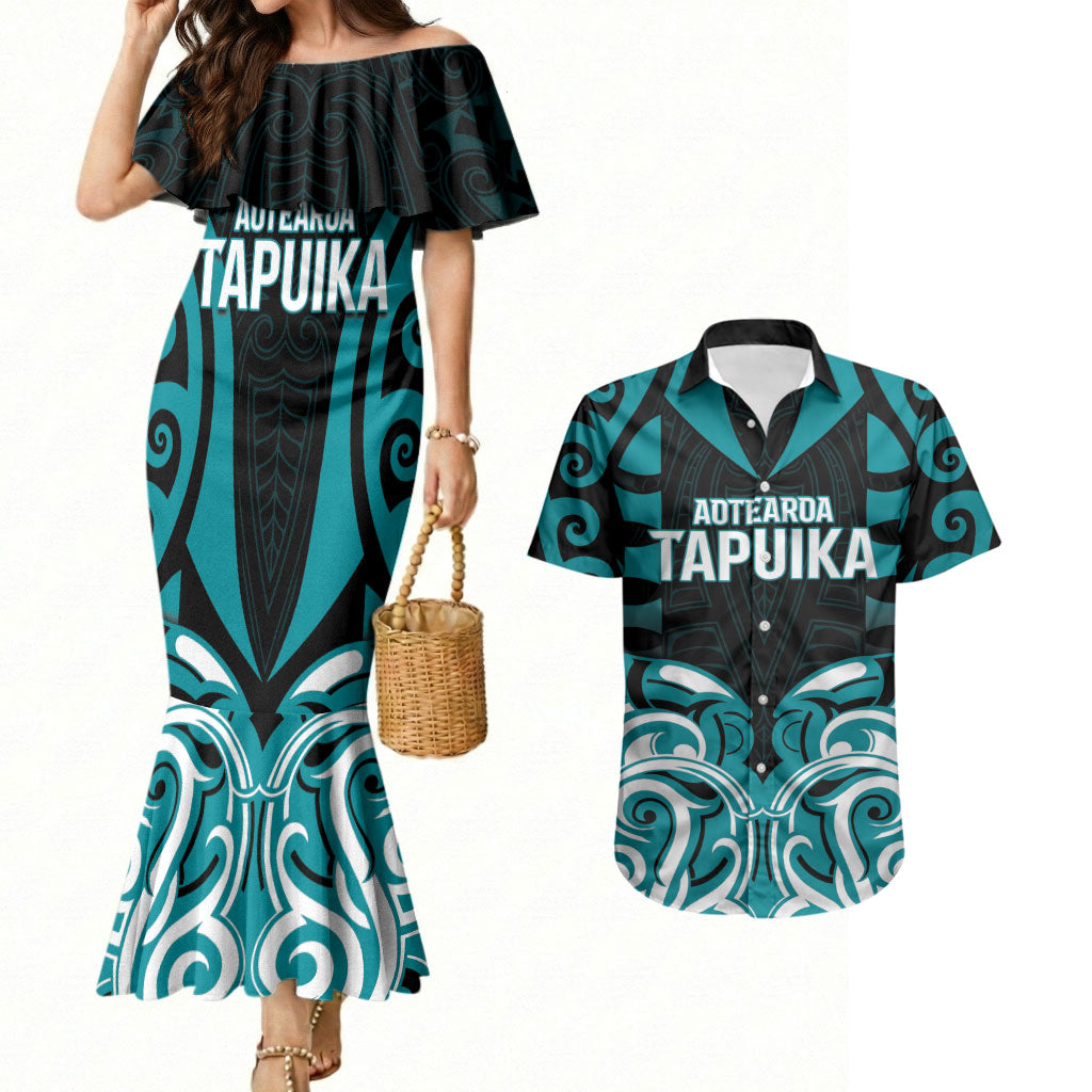Custom Aotearoa Tapuika Couples Matching Mermaid Dress and Hawaiian Shirt New Zealand Traditional Maori Pattern DT05 Teal - Polynesian Pride