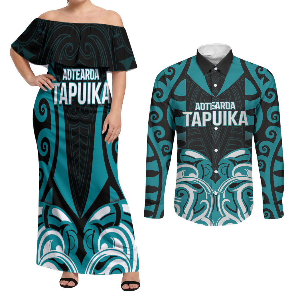 Custom Aotearoa Tapuika Couples Matching Off Shoulder Maxi Dress and Long Sleeve Button Shirt New Zealand Traditional Maori Pattern DT05 Teal - Polynesian Pride