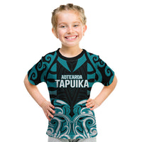 Custom Aotearoa Tapuika Kid T Shirt New Zealand Traditional Maori Pattern DT05 Teal - Polynesian Pride
