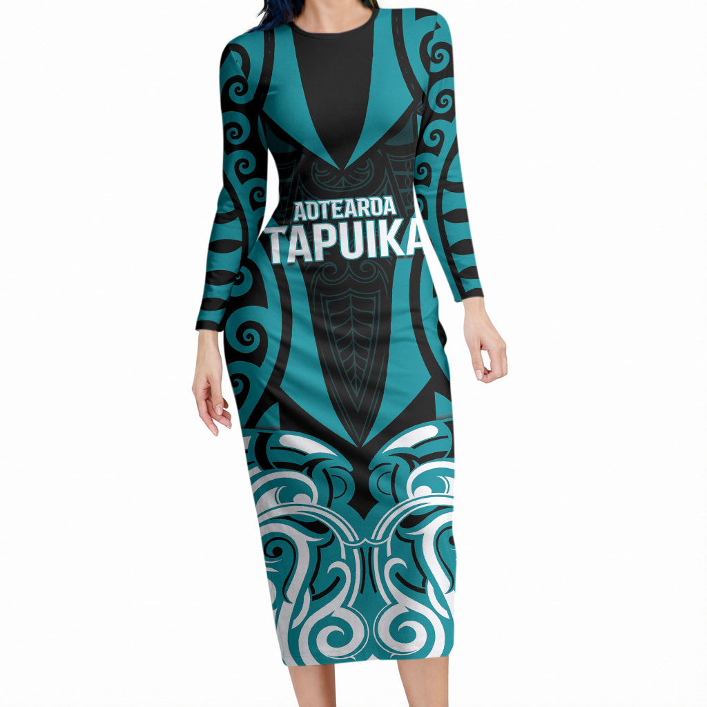 Custom Aotearoa Tapuika Long Sleeve Bodycon Dress New Zealand Traditional Maori Pattern DT05 Long Dress Teal - Polynesian Pride