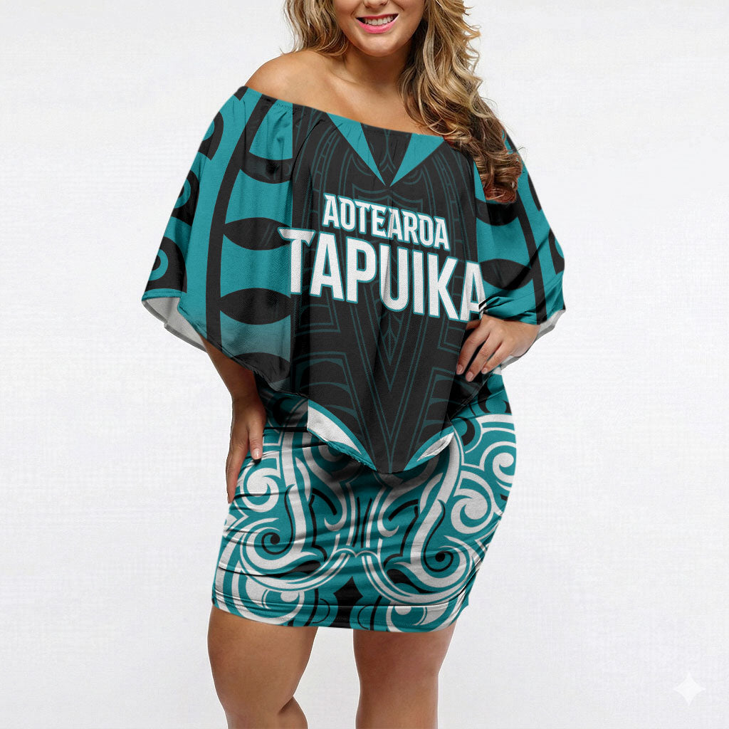 Custom Aotearoa Tapuika Off Shoulder Short Dress New Zealand Traditional Maori Pattern DT05 Women Teal - Polynesian Pride