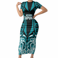 Custom Aotearoa Tapuika Short Sleeve Bodycon Dress New Zealand Traditional Maori Pattern DT05 Long Dress Teal - Polynesian Pride
