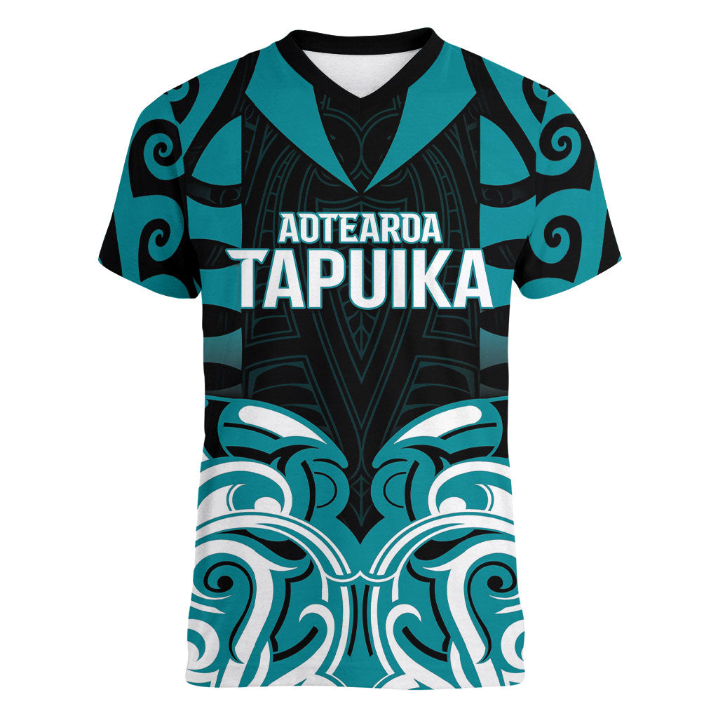 Custom Aotearoa Tapuika Women V-Neck T-Shirt New Zealand Traditional Maori Pattern DT05 Female Teal - Polynesian Pride