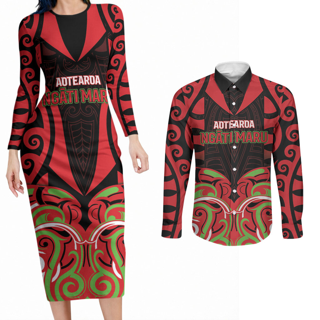 Custom Aotearoa Ngati Maru Couples Matching Long Sleeve Bodycon Dress and Long Sleeve Button Shirt New Zealand Traditional Maori Pattern DT05 Red - Polynesian Pride