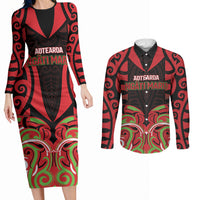 Custom Aotearoa Ngati Maru Couples Matching Long Sleeve Bodycon Dress and Long Sleeve Button Shirt New Zealand Traditional Maori Pattern DT05 Red - Polynesian Pride