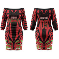 Custom Aotearoa Ngati Maru Couples Matching Off The Shoulder Long Sleeve Dress and Long Sleeve Button Shirt New Zealand Traditional Maori Pattern DT05 - Polynesian Pride