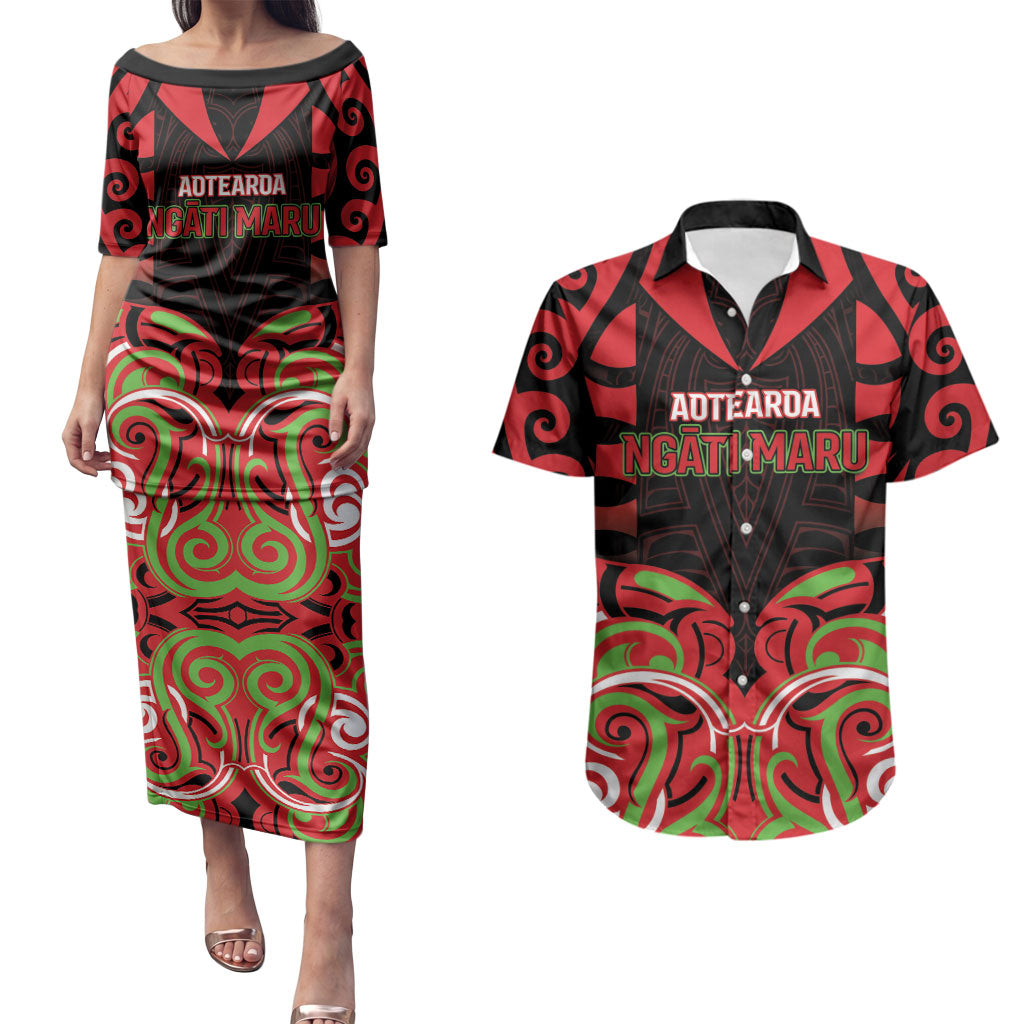 Custom Aotearoa Ngati Maru Couples Matching Puletasi and Hawaiian Shirt New Zealand Traditional Maori Pattern DT05 Red - Polynesian Pride